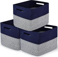 3 Pack Shelf Woven Storage Basket, 15 x 10 x 9” Closet Rope Baskets For Organizing, Square Bins with Handles, Grey+Blue