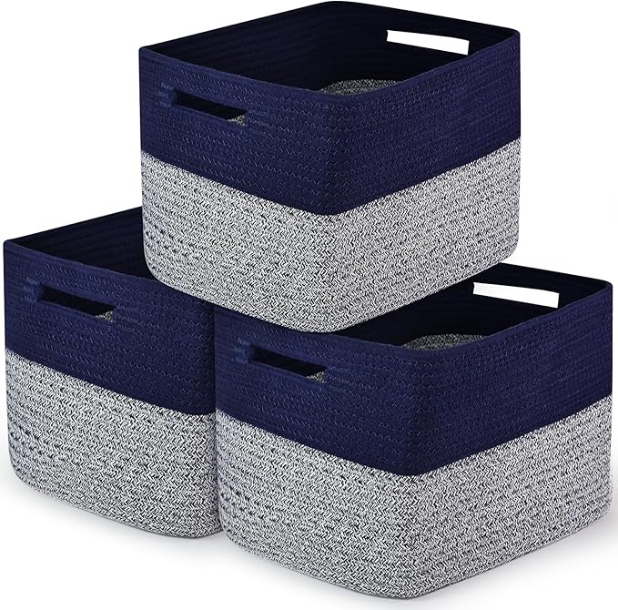 3 Pack Shelf Woven Storage Basket, 15 x 10 x 9” Closet Rope Baskets For Organizing, Square Bins with Handles, Grey+Blue