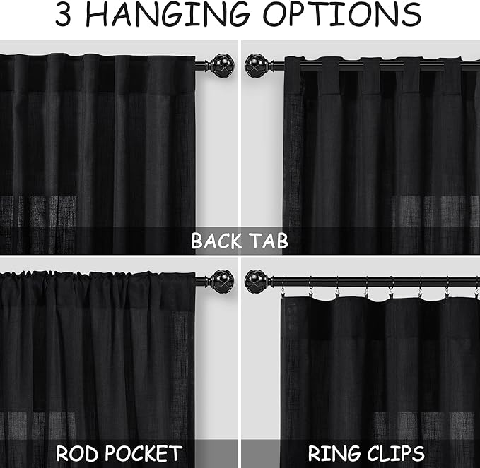 Nanspring Extra Wide 100x96 Inch Linen Curtains for Living Room Divider Light Filtering Semi Sheer Patio Curtains for Sliding Door Black Coastal Decor Sunroom Floor to Ceiling Window Curtain Panel