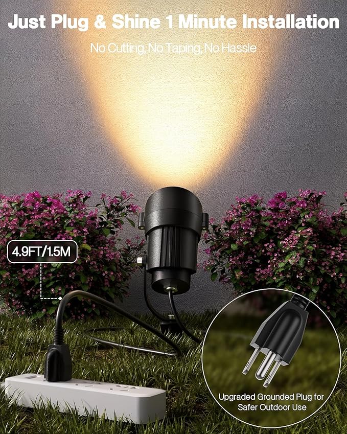 HIBOITEC 12W Spot Lights Outdoor 120V Landscape Lighting Waterproof Spotlight with 4.9ft 3-Plug LED Plug in Landscape Lights for Yard Gardern Decorations 2900K 6Packs
