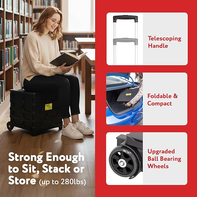 dbest products Quik Cart Pro Wheeled Rolling Crate Teacher Utility with seat Heavy Duty Collapsible Basket with Handle, Black