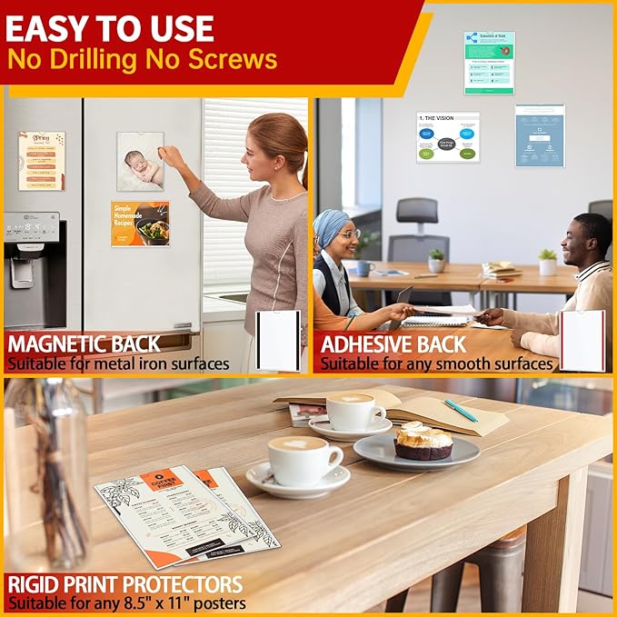 Magnetic Sign Holder 8.5 x 11 - Rigid Plastic Wall Sign Holder Reusable Adhesive Frames, Magnetic Frame for Refrigerator Door Window, Clear Rigid Print Protectors for Paper Picture, 5 Pack