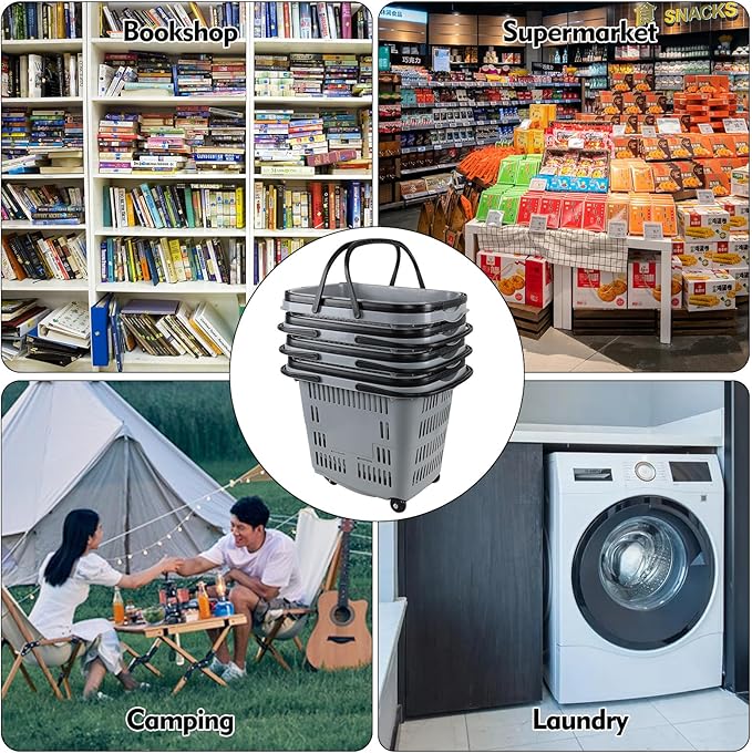Kekow 50 L Large Plastic Shopping Basket with Wheels, 4 Pack Plastic Rolling Shopping Basket with Wheels and Handle, Gray