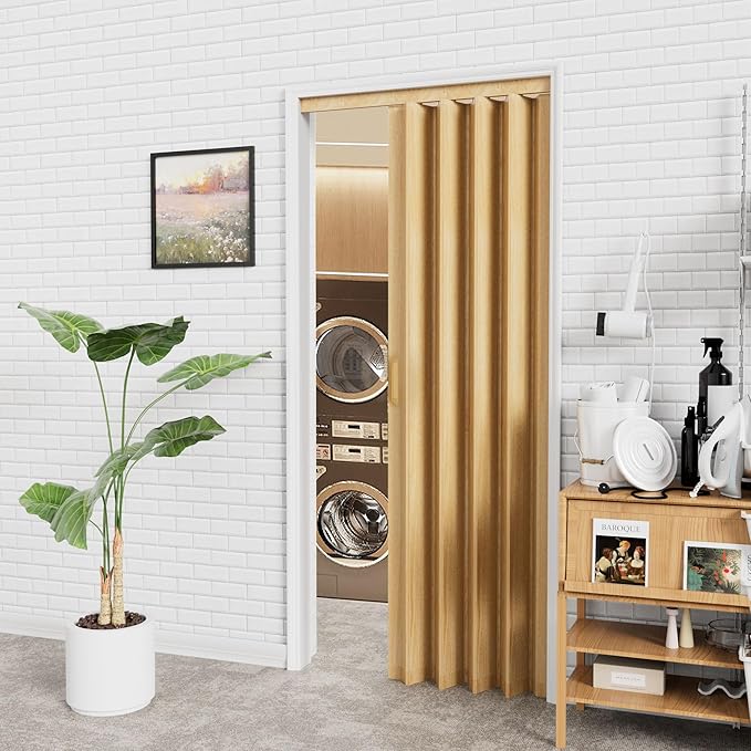 24-36 x 80in Enhanced Accordion Doors Interior Folding Door, PVC Accordion Door with Upgraded Roller & Handle & Complete Hardware, for Closet Bathroom Doorways - Oak