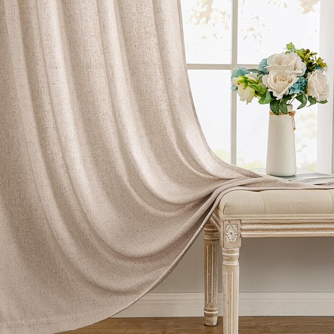 MIULEE Non-See-Through Privacy Linen Curtains 2 Panels, Light Filtering Window Curtains Farnhouse Textured Back Tab Semi Sheer Drapes for Bedroom Living Room, 52 x 63 Inches Long, Beige