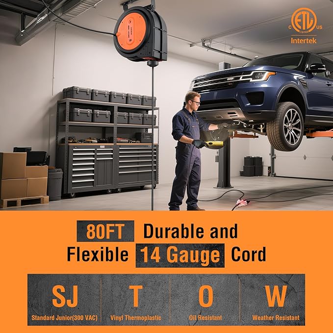 SURAIELEC 80 FT Retractable Extension Cord Reel, 14 AWG SJTOW Power Cord for Garage & Workshop, 10A Circuit Breaker, Wall/Ceiling Mount, Upgraded Anti-Tangle Roller Design, ETL Listed, Orange