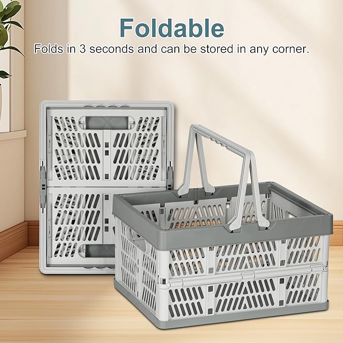 Heavy Duty Plastic Milk Crates for Storage, 2-Pack Stackable Storage Bins for Organizing, Collapsible Shopping Basket with Handle for Groceries, Suitable for Home Office School Store, Gray
