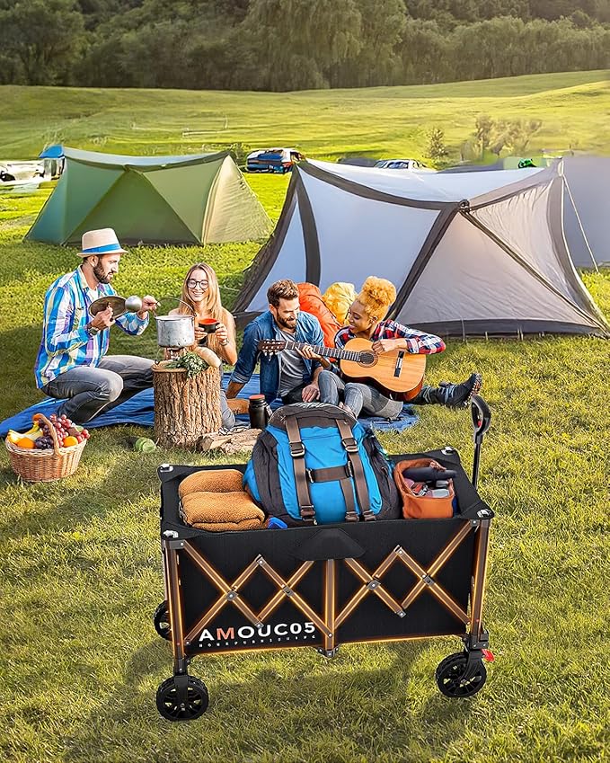 Wagons Carts Foldable, 350LBS Collapsible Wagon with 360° Rotating Wheels, Brakes, and Side Pocket, Large Capacity 160L Wagon Cart for Shopping, Park, Camping and Outdoor Use