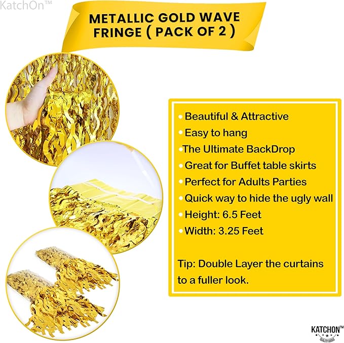 KatchOn, Large Wave Gold Backdrop Curtain - Pack of 2 | Gold Streamer Backdrop for NYE Decor | Golden Fringe Backdrop for New Years Decorations 2026, Golden Birthday Decorations, Bridal Shower