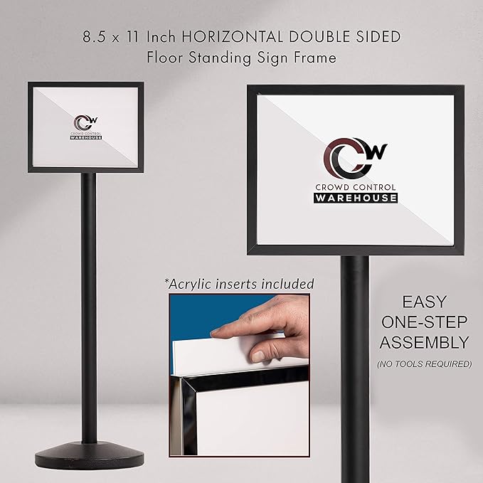Crowd Control Warehouse Pedestal Standing Floor Sign Frame with Sloped Base, 8.5x11 Inch Horizontal, Polished Brassl