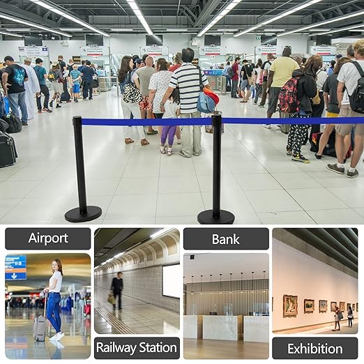 Therwen 6 Pack 9.8 ft Heavy Duty Crowd Control Stanchions Stainless Steel Stanchion Set with 6 Safety Barrier Post with Retractable Blue Belt and 1 Sign Holder Crowd Control Barrier