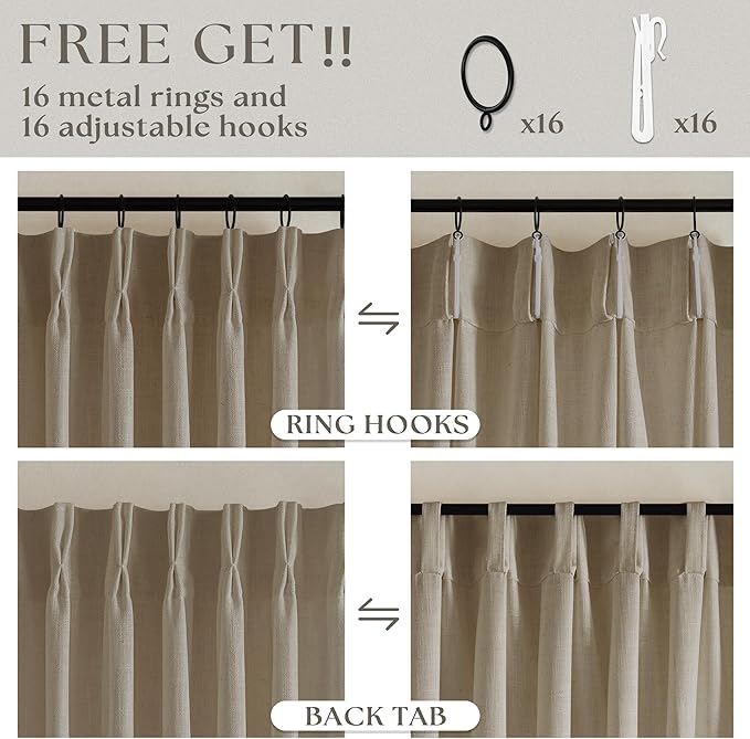 Greige 80 Inches Long Linen Curtains for Living Room Pinch Pleat Hooks for Living Room Back Tab Thick Linen Textured Pleated Drapes Light Filtering Tan Taupe Bedroom Window Curtains 80 Inch Length