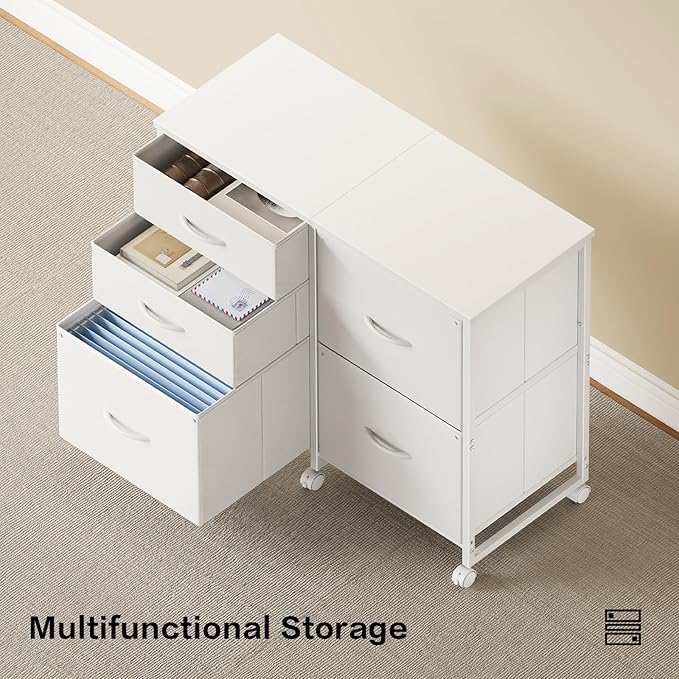 Lateral File Cabinet with 5 Drawers Rolling Filing Cabinets Under Desk Storage Printer Stand with Wheels,Mobile File Cabinet for Home Office,White