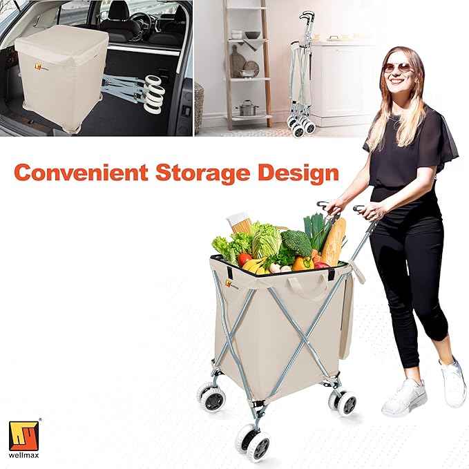 Wellmax WM99100 Series Folding Shopping Cart with Wheels, Grocery Cart with Removable Canvas with Cover, Lightweight Utility Cart for Groceries and Laundry - Holds up to 120 lbs (White)