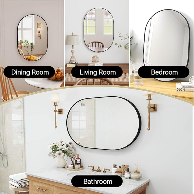 36x24 Mirror Runway Oval Wall Mounted Aluminum Alloy Metal Frame Rectangle Mirrors for Entryway Bedroom Bathroom Living Room 36 24 inch Black