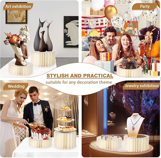 Buffet Risers, 11.8in Large Foldable Display Stand Food Risers for Buffet Table, Dessert Table Display Set with Mini Signs, White Cardboard Cylinder Display Stands Risers for Cake Jewelry Figure Party