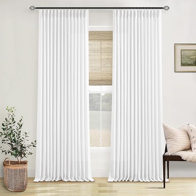 Pleated Linen White Curtains 96 Inches Long 2 Panels Set for Living Room Bedroom Neutral Farmhouse Cotton Linen Blend Back Tab Memory Shape Pinch Pleat Ceiling to Floor Window Curtain Snow White 8 Ft