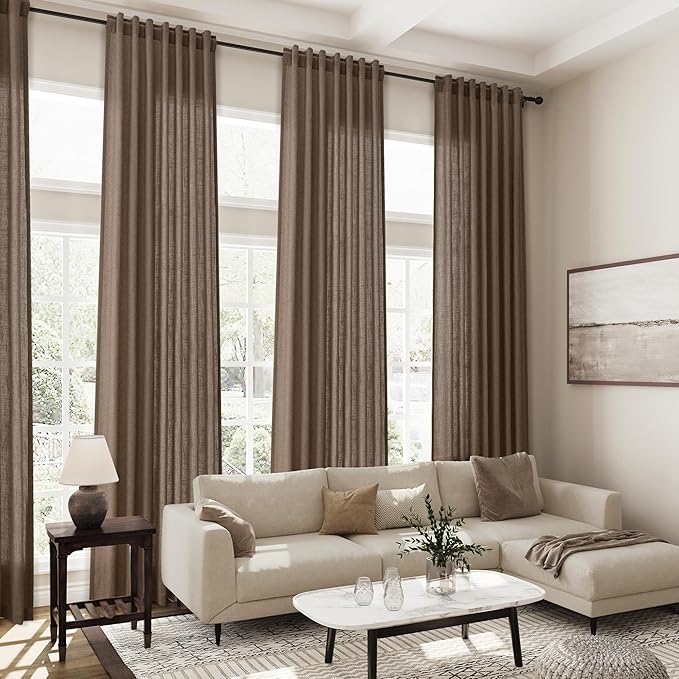 Extra Long Curtain 108 Inches Long 2 Panels Set Back Tab Light Brown Linen Drapes for Living Room Neutral Farmhouse Light Filtering Semi Sheer Linen Curtains 108 Inch Length for Large Window 9 FT
