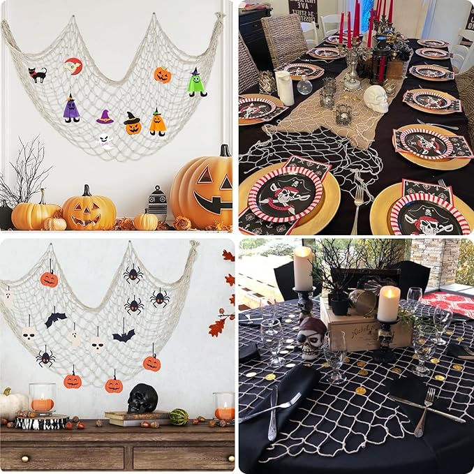 80x40 Inch Fishing Net Decor, 3mm Beige Natural Cotton Large Decorative Fish Netting Table Runner, Wall Ceiling Halloween Party Decorations for Pirate Under The Sea Nautical Mermaid Themed Party