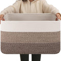 OIAHOMY Large Blanket Basket For Living Room, Rectangle Woven Baskets for Storage, Nursery Toy Storage With Handle-22”x17”x12”-Gradient Dark Brown