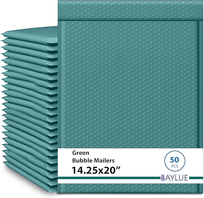 Green 14.25x20 Inch Poly Bubble Mailers #7 | Self Seal Large Padded Envelopes | Air Cushioned Bubble Mailer | Usable Size 14.25x19 Inch | Waterproof Lightweight Mailing Shipping Bags | 50 Pack