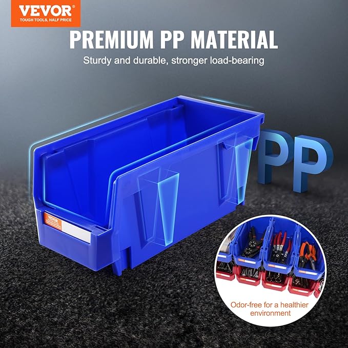 VEVOR Plastic Stackable Storage Bins 12 Pack (11 x 5 x 5-Inch), Hanging Storage Organizer Bins, Heavy Duty Stacking Containers for Closet, Garage, Office, Home, Pantry or Small Parts Organization