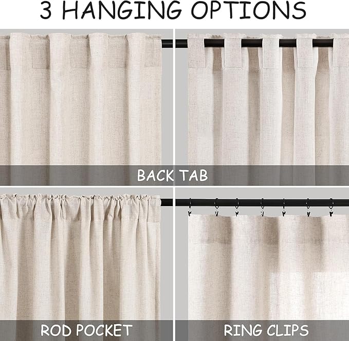 Nanspring Beige Linen Curtains 90 Inches Long for Living Room Back Tab and Rod Pocket Semi Sheer Privacy Curtains Farmhouse Linen Cotton Textured Curtain for Bedroom 70x90,2 Panel