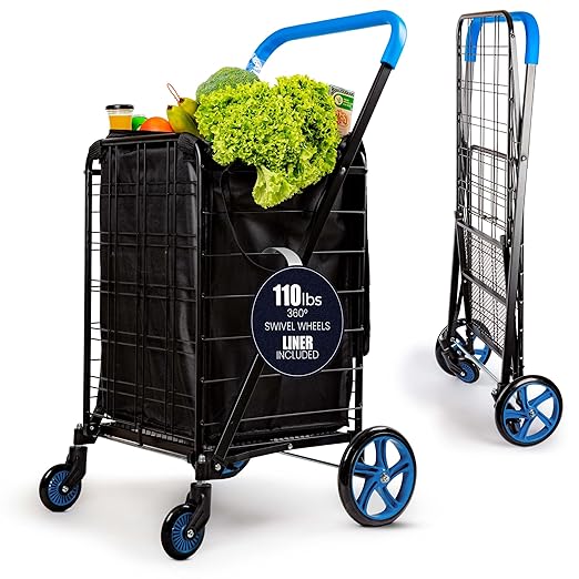 SereneLife Large Folding Utility Shopping Cart with Removable Liner – Heavy Duty, 360° Swivel Wheels, 110 lb Capacity, Portable for Groceries, Laundry, Luggage, and More (Blue)