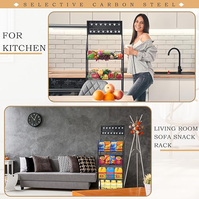 1 Set 4 Tier Retail Display Rack Shelf Cart with Wheels and 15 Hook Heavy-Duty Metal Snack Potato Chip Display Organizer Concession Stand for Supermarket Grocery Store Home Black