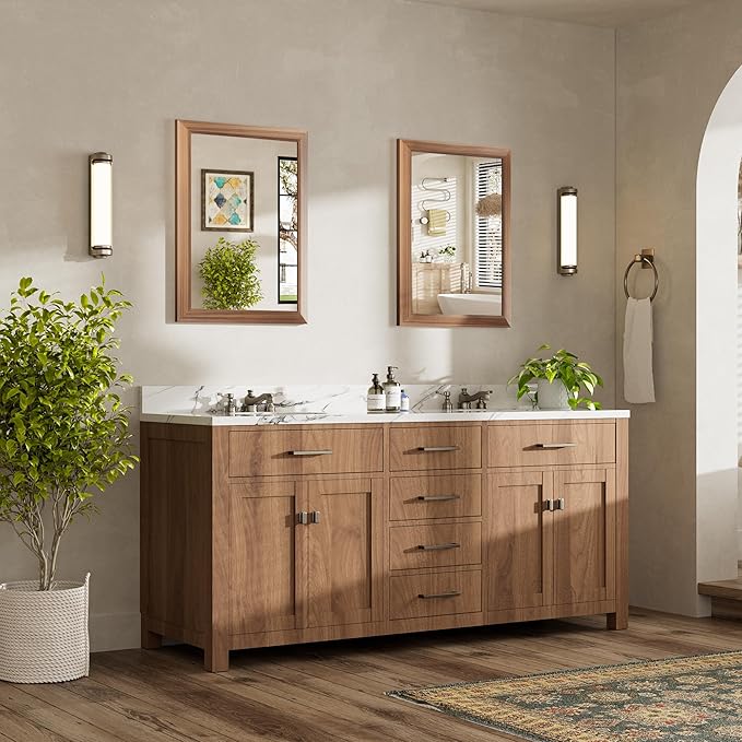 22x30 Inch Bathroom Mirror for Wall, Anti-Rust Walnut Wood Grain Metal Framed Bathroom Mirrors for Over Sink,Rectangler Mirrors for Bathroom Vanity, Farmhouse, Bedroom, Living Room, Entryway Decor