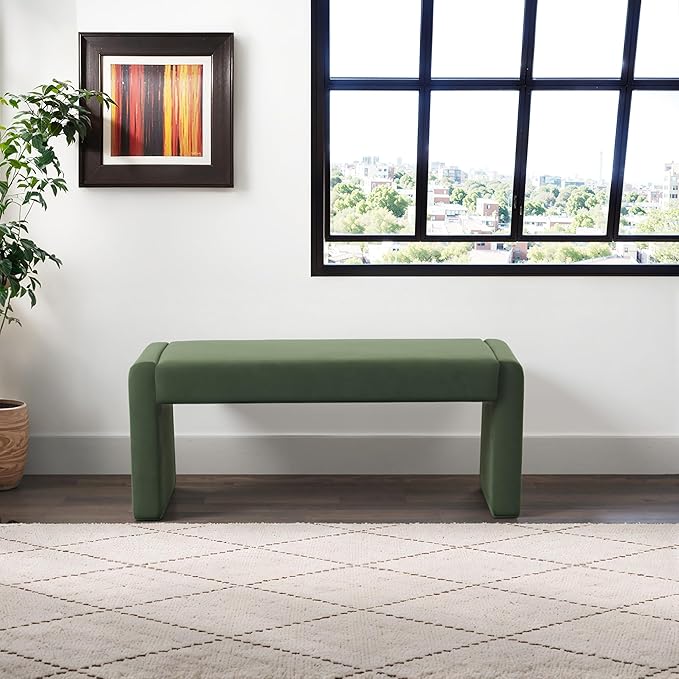 Velvet Entryway Bench End of Bed Bench Upholstered Modern Window Bench Comfy Ottoman for Dining Room/Bedroom/Living Room/Hallway/Indoor (Olive Green)
