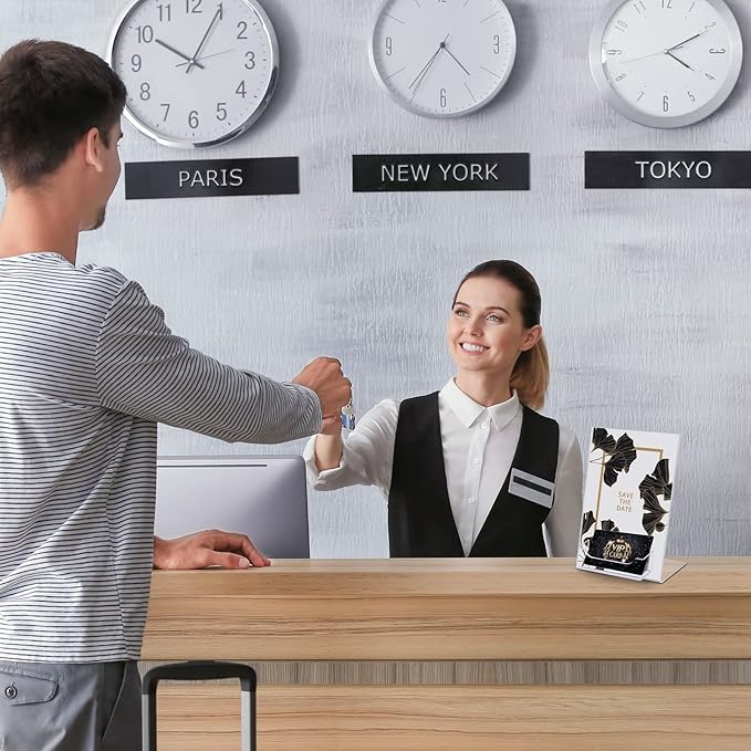 Remerry 12 Pcs Acrylic Sign Holder with Business Card Holder Slanted Paper Stand Clear Brochure Display Stand Heavy Duty Plastic Signs for Office Table Advertisement Flyer (4 x 6 Inch)