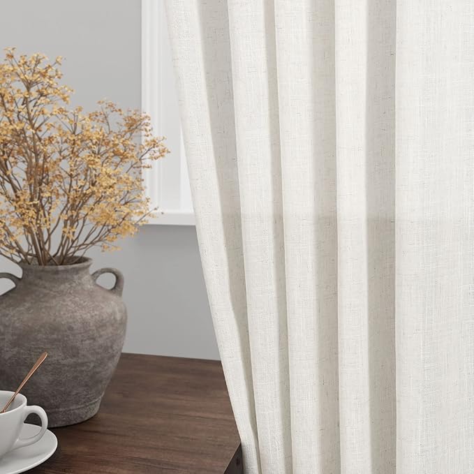 Cream Linen Curtains 121 Inches Long 2 Panels Set for Living Room Extra Long Back Tab Curtains Neutral Farmhouse Light Filtering Semi Sheer Linen Drapes Ceiling to Floor for Large Window 52x121