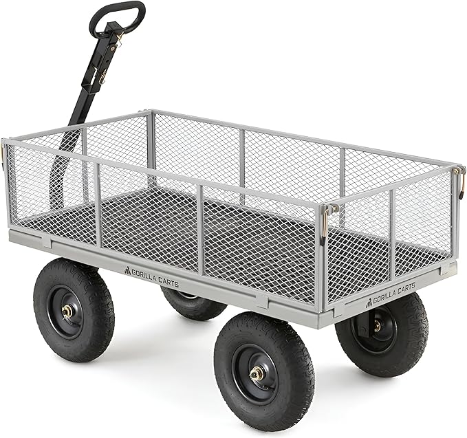 Gorilla Carts Steel Utility Cart, 7 Cu Ft Bed, 1000 lb Load Capacity, Gray – Towable Heavy-Duty Outdoor Hauling Wagon with Removable Side Panels for Yard, Lawn, Garden or Landscaping