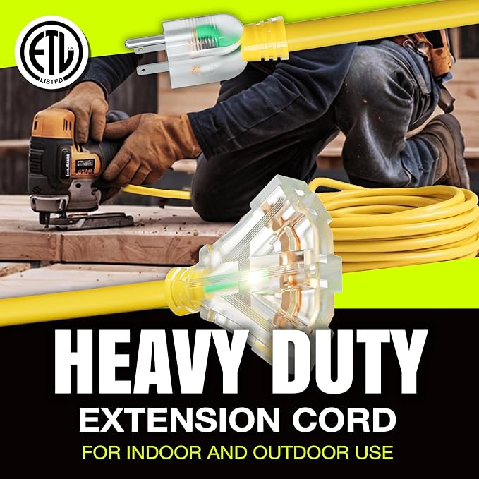 25ft Outdoor/Indoor Extension Cord 3-Outlet 12/3 Gauge Extra Heavy Duty ETL Listed, 3 Prong SJTW, Waterproof, Flexible Cold-Resistant Long Power Cord,15A 125V 1875W, Yellow by LifeSupplyUSA