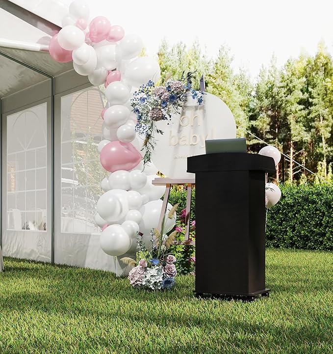 Podium Stand Portable,Mobile Wood Pulpit Podium Hostess Stand Reception Desk with Adjustable Shelf and Lockable Wheels for Churches Conference School