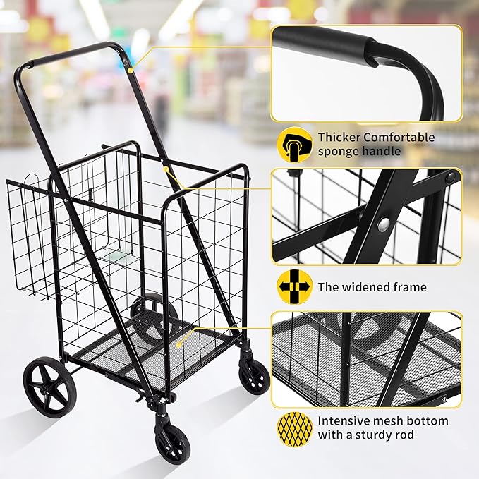 Folding Shopping Cart, Grocery Cart, 340 Lb Capacity, Utility Cart with 360° Rolling Swivel Wheels, Large & Extra Basket