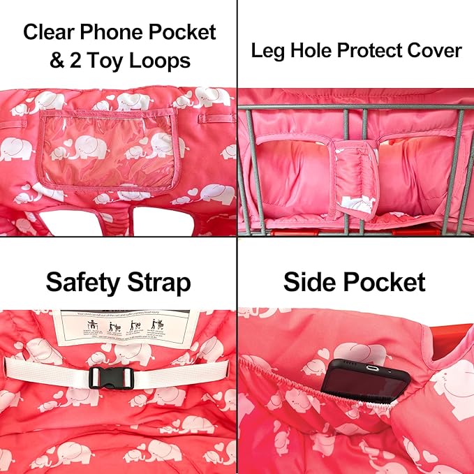 2-in-1 Shopping Cart and High Chair Cover for Baby, Padded Cover, Fold'n Roll Style, Portable with Carry Bag (Pink Elephant)