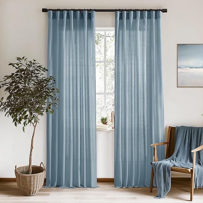 XTMYI Dusty Blue Curtains 84 Inches Long for Living Room,Light Filtering Country Vintage Hooks Pleated Back Tab Semi Sheer Linen Curtains for Bedroom 2 Panels Set,Grey Stone Blue