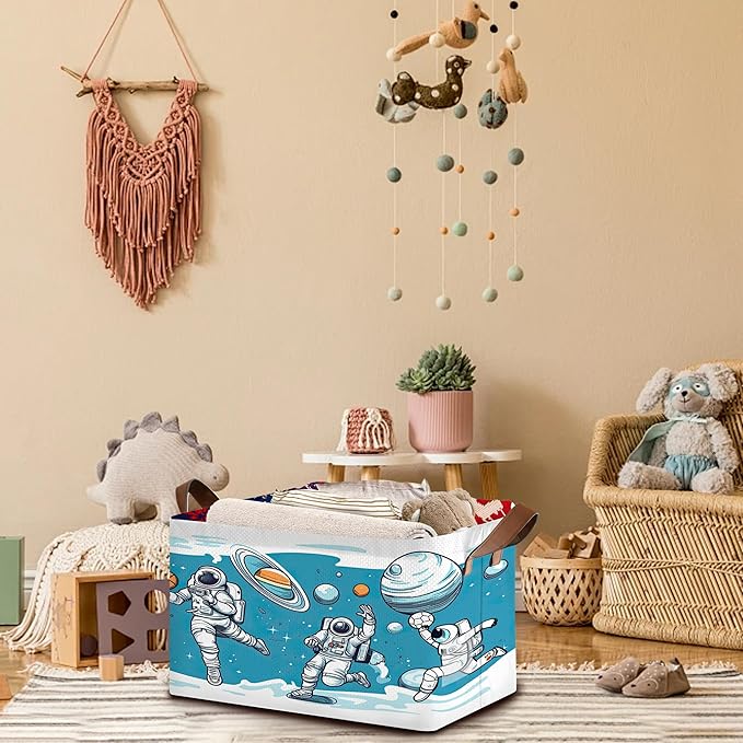Astronaut Pattern Storage Basket Large 17x11.5x10.5 Inche-Collapsible Fabric Organizer Bin with Handles for Kids Room, Space Theme, Toys-Foldable Decorative Hamper with Rocket & Stars-Single Pack