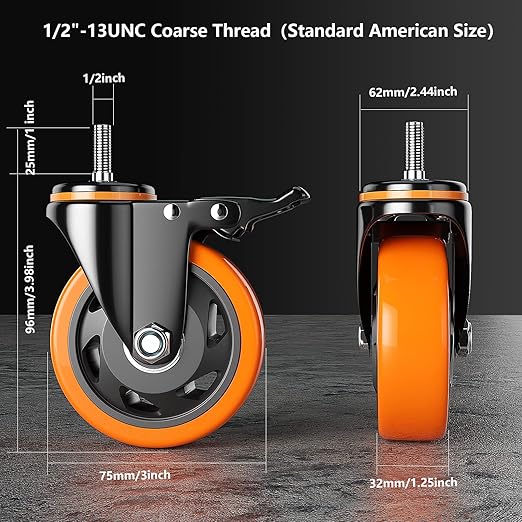 3 Inch Caster Wheels 2200Lbs, Threaded Stem Casters Set of 4 Heavy Duty, 1/2"-13 x 1 (Screw Diameter 1/2", Stem Length 1"), Safety Dual Locking Industrial Castors, Wheels for Cart, Furniture