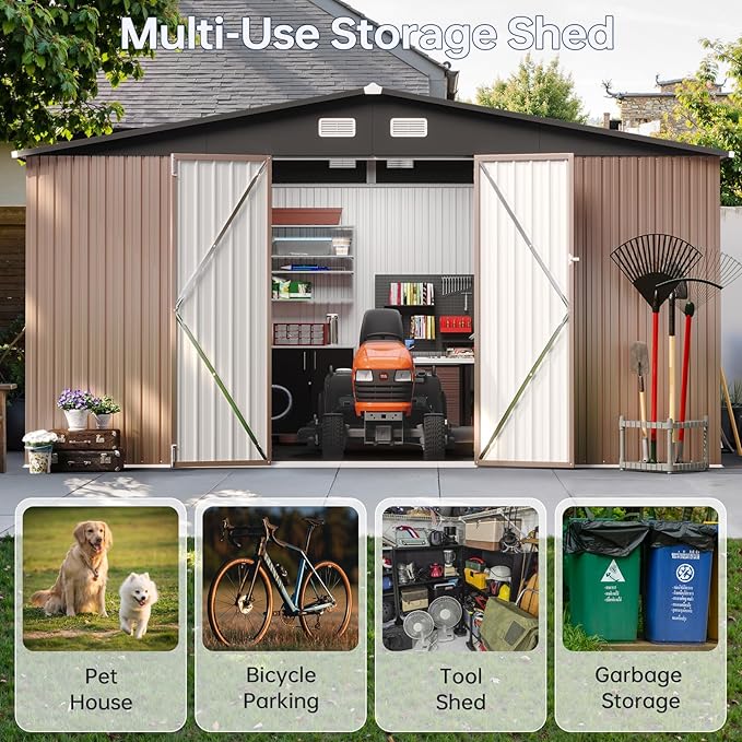 14x12 FT Outdoor Storage Shed, Utility Steel Tool Shed with Lockable Door and Air Vents, Galvanized Metal Shed for Garden Backyard Patio Lawn (14'x12', Brown)