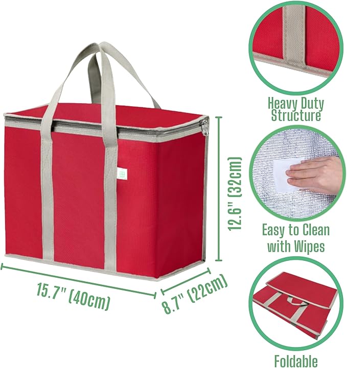 VENO 3 Pack Cooler Bag and Insulated Grocery Bags for Food Delivery, Collapsible Cooler, Reusable Shopping Bags for Groceries with Zipper, Foldable, Heavy-Duty, Stands Upright (Red, 3 Pack)