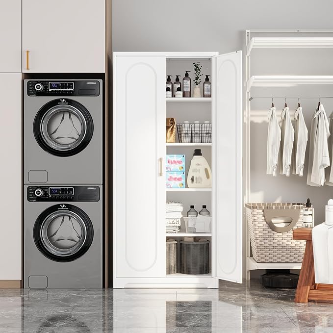 Kitchen Pantry Cabinet,71”Metal White Storage Cabinet with Doors and Shelves,Tall Cabinet with 2 Gold Hands for Dinning Room,Living Room