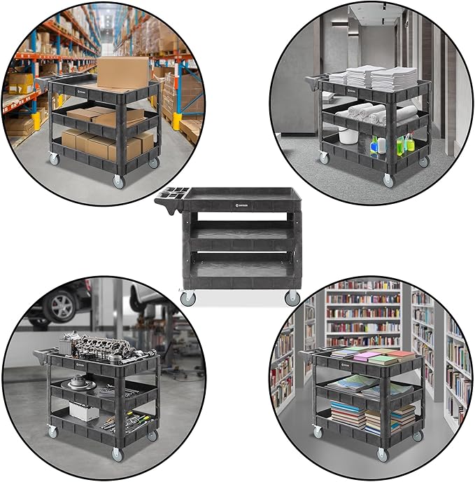 Dryser Utility Cart with Wheels, 46" x 25" Heavy Duty 550 lb. Capacity with Shelves - 3 Tier Rolling Cart with Two 5" Swivel Casters for Warehouse, Garage, Cleaning