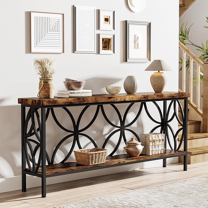 Tribesigns 70.9-Inch Narrow Sofa Table, Industrial Long Sofa Table Behind Couch, Entry Console Table with Storage for Entryway, Living Room, Foyer, Unique Design, Rustic Brown