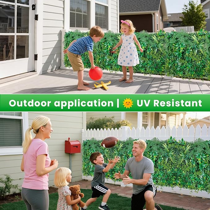 Artificial Boxwood Panel 20"x20" 6 Pieces, Green Grass Wall Backdrop for Fence Patio Backrop Balcony, Faux Ivy Privacy Fence Screen, 5 PCS Vines, 60 PCS Violet Flower, 2 PCS Light Strip