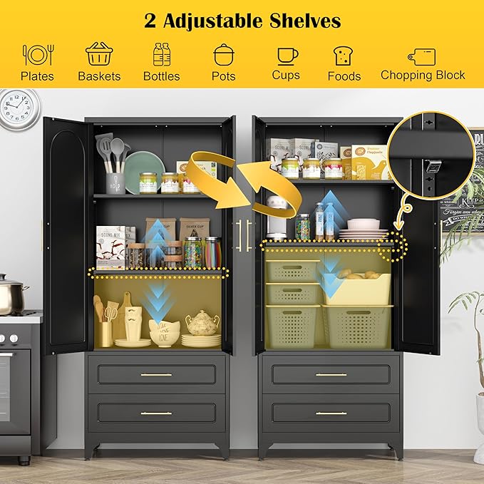Metal Kitchen Pantry Storage Cabinet with 2 Drawers，75Inch Black Food Pantry Cabinets for Kitchen with 2 Adjustable Shelves，Tall Storage Cupboard for Living Room, Dining Room Office