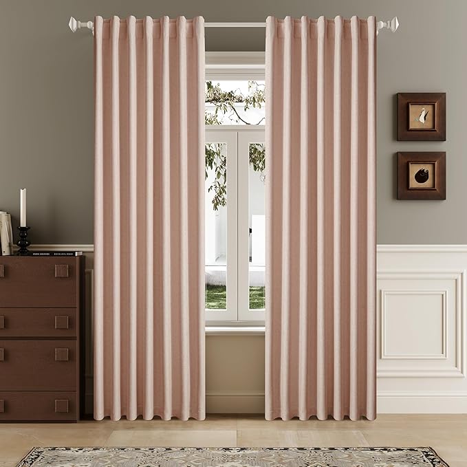 DUALIFE 90 Inch Blackout Baby Pink Curtains Boho, Thermal Insulated Curtains for Summer Heat for Bedroom Living Room Linen Pleated Drapes 90 Inches Long Rod Pocket(50W x 90L x 2 Panels)