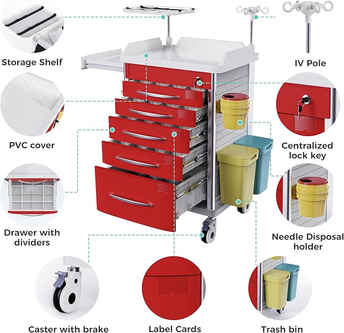 Medical Rolling Crash Cart with Integrated Medical Countertop -CPR Board, IV Pole, O2 Holder, Trash Bin, Silent Casters, Drawers with Dividers, Nursing Cart for Clinic, Hospital, Nursing Center